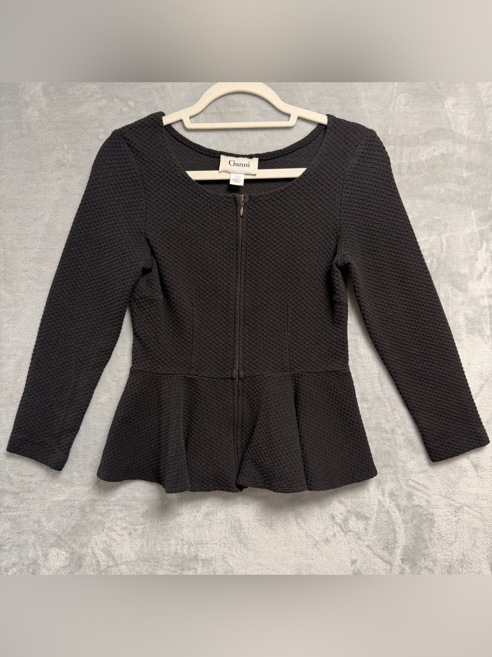 GANNI Black Long Sleeve Zipper Peplum Top Size Medium